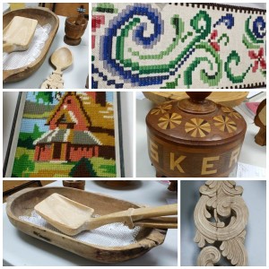 Examples of needle work and wood carving at April 2015 meeting